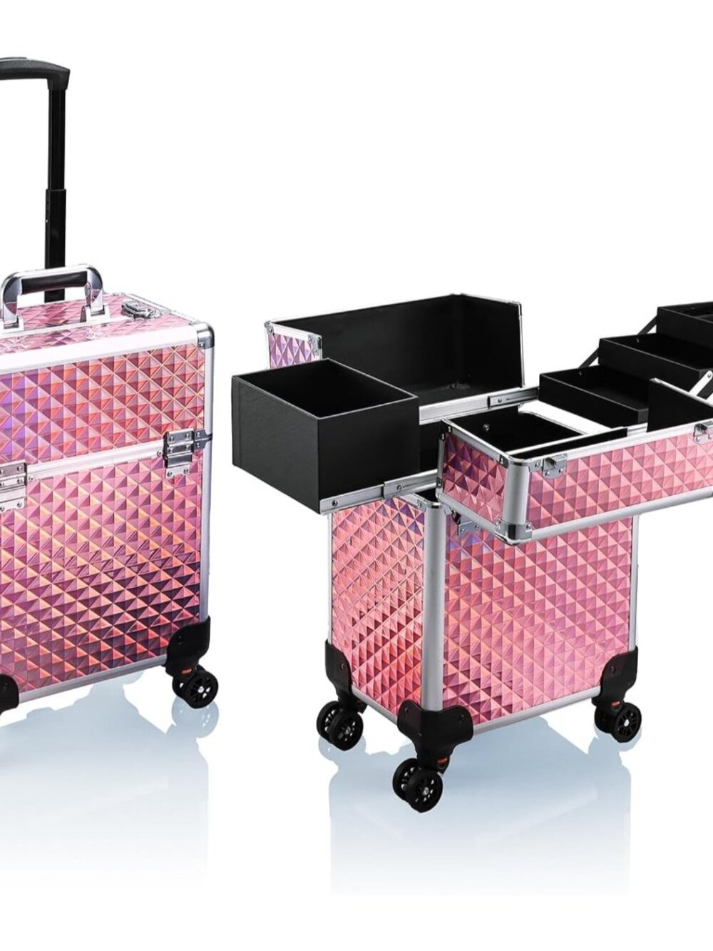 Rolling Makeup Train Case Large Storage Cosmetic Trolley 4 Tray with Sliding Rai